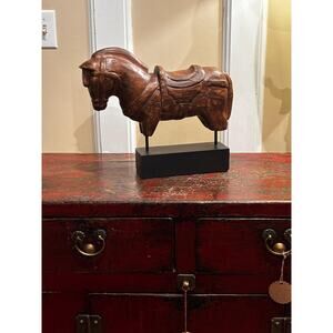 Vintage-Style Wooden Horse Figurine, Hand-Carved, Mounted On A Black Base
